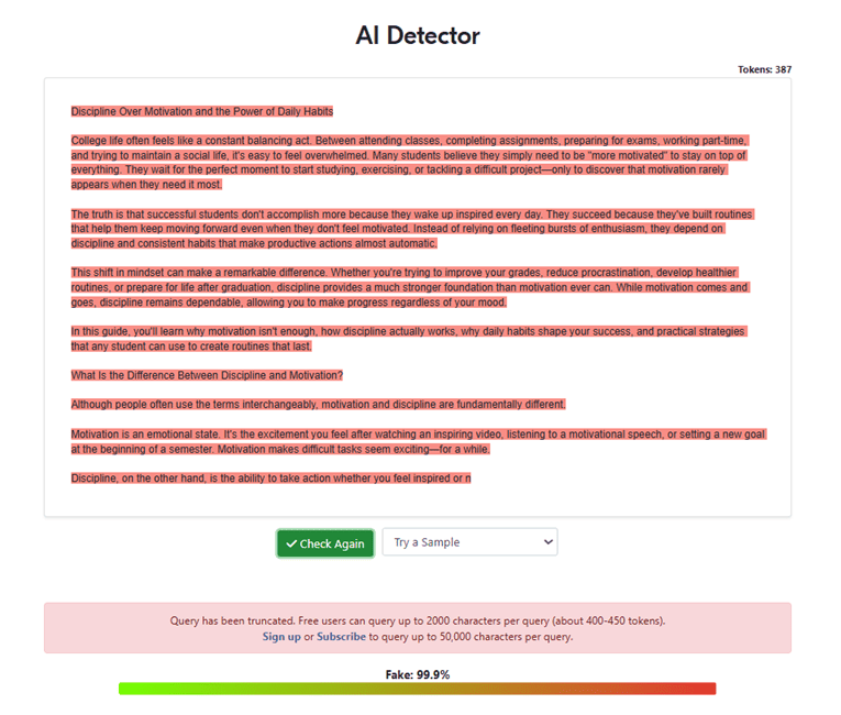 Results for AI-generated text 5