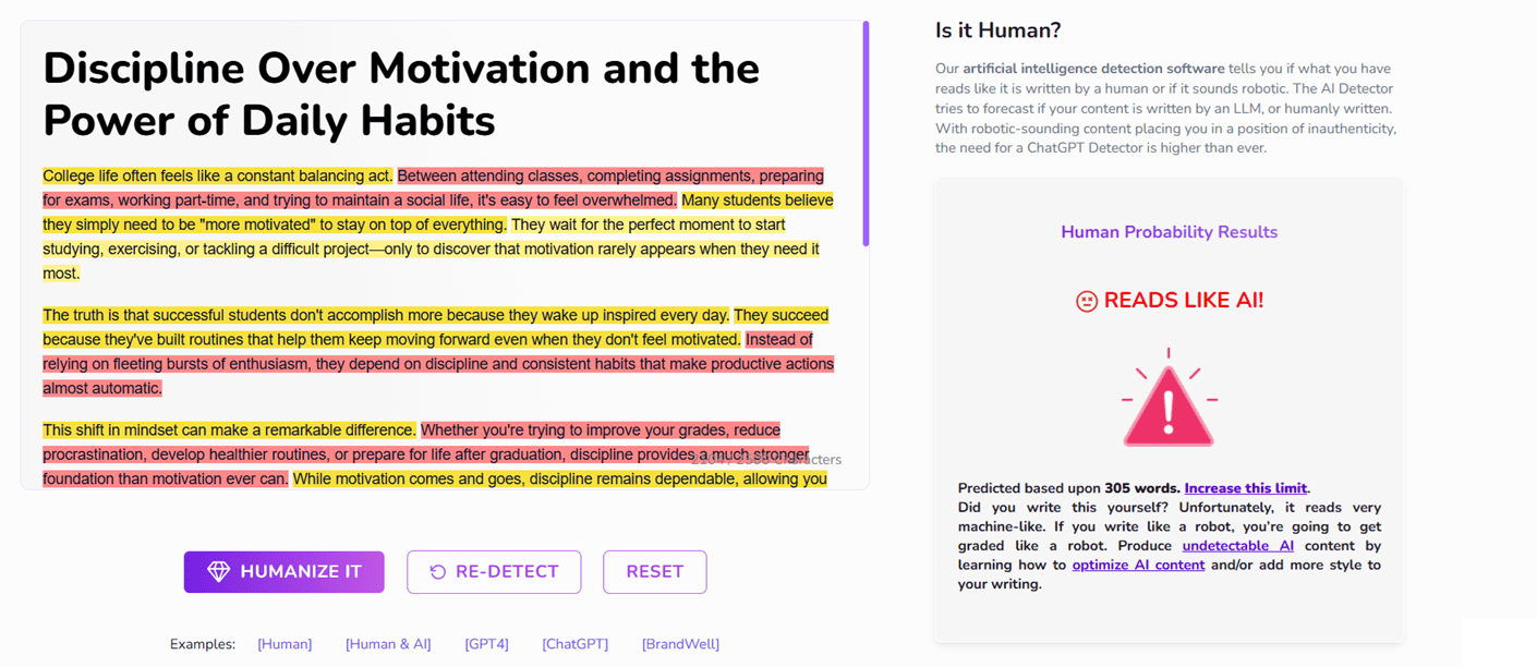 Results for AI-generated text 7