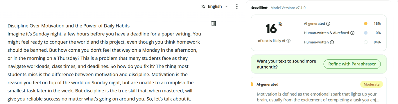 Results for human text 9
