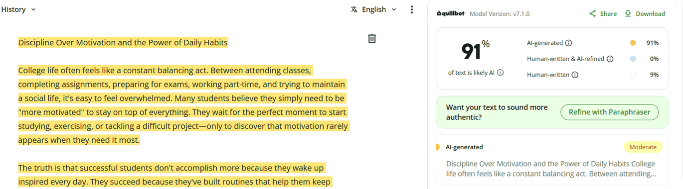 Results for AI-generated text 9