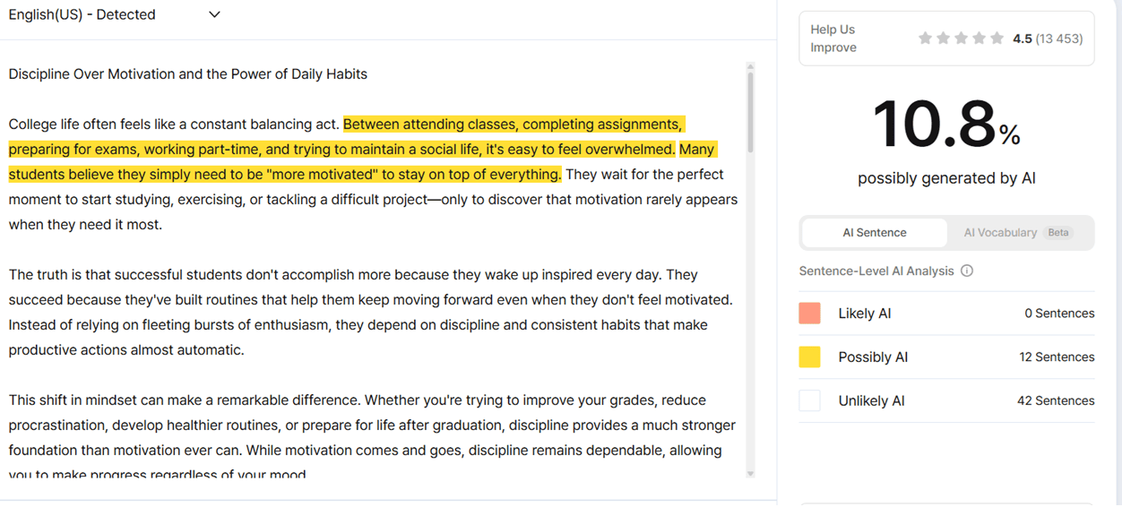 Results for AI-generated text 4