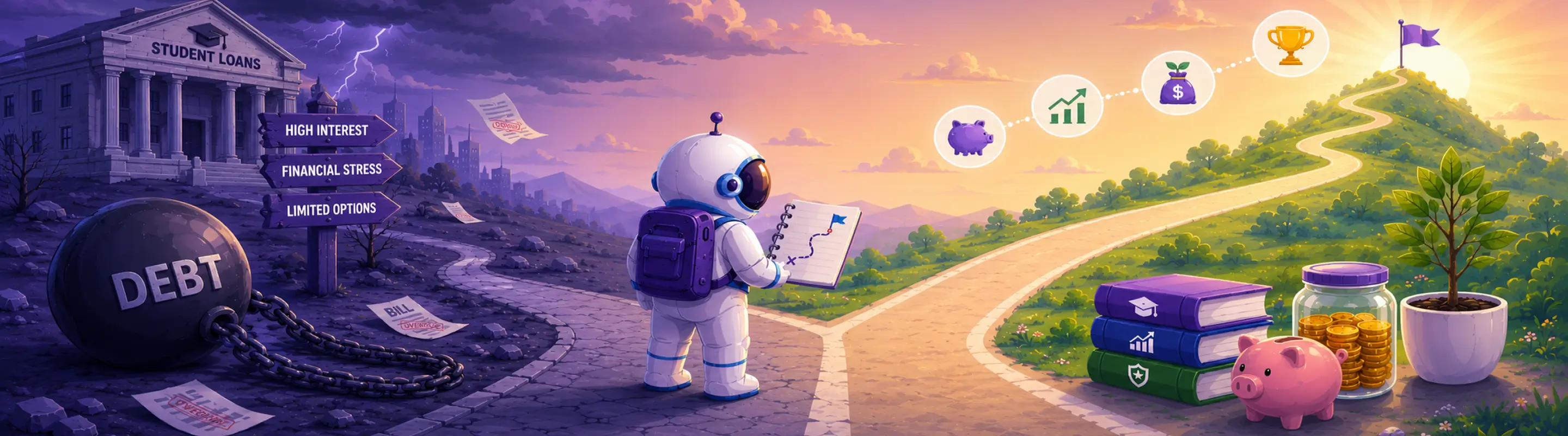 cartoon astronaut choosing between a dark student loan debt path and a bright debt-free path of savings and financial success