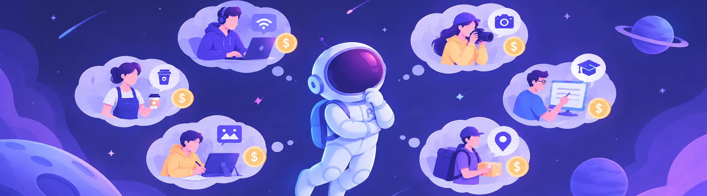 Astronaut picturing how to make money as a college student — cafe work, remote work, photography, design, tutoring and delivery