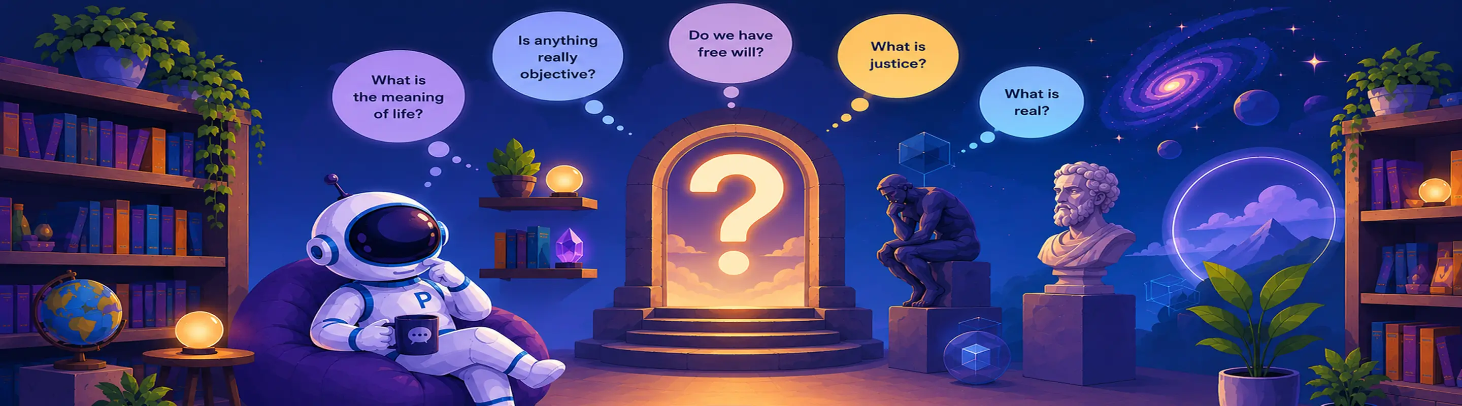 Cartoon astronaut pondering philosophical questions — the meaning of life, free will, justice — in a night library with The Thinker and a philosopher bust