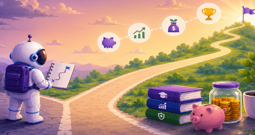 cartoon astronaut choosing between a dark student loan debt path and a bright debt-free path of savings and financial success
