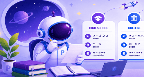 How long is an essay: cartoon astronaut studying at a desk beside four cards comparing words, pages, and paragraphs by academic level