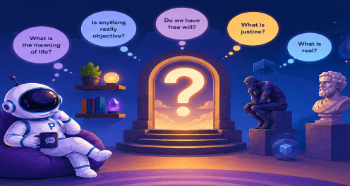 Cartoon astronaut pondering philosophical questions — the meaning of life, free will, justice — in a night library with The Thinker and a philosopher bust