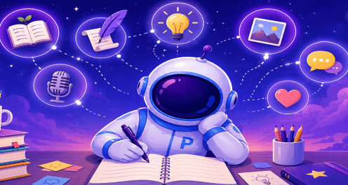 cartoon astronaut writing in a notebook, surrounded by icons for books, ideas, images, and speech — representing creative things to write about