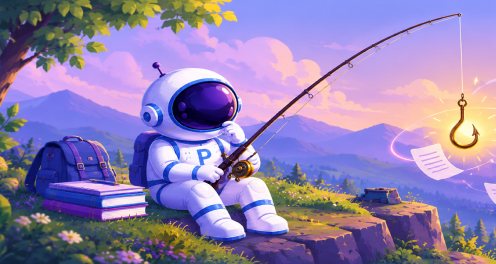 What is a hook in an essay — cartoon astronaut fishing at sunset as a glowing hook catches quote, question mark, lightbulb and book icons
