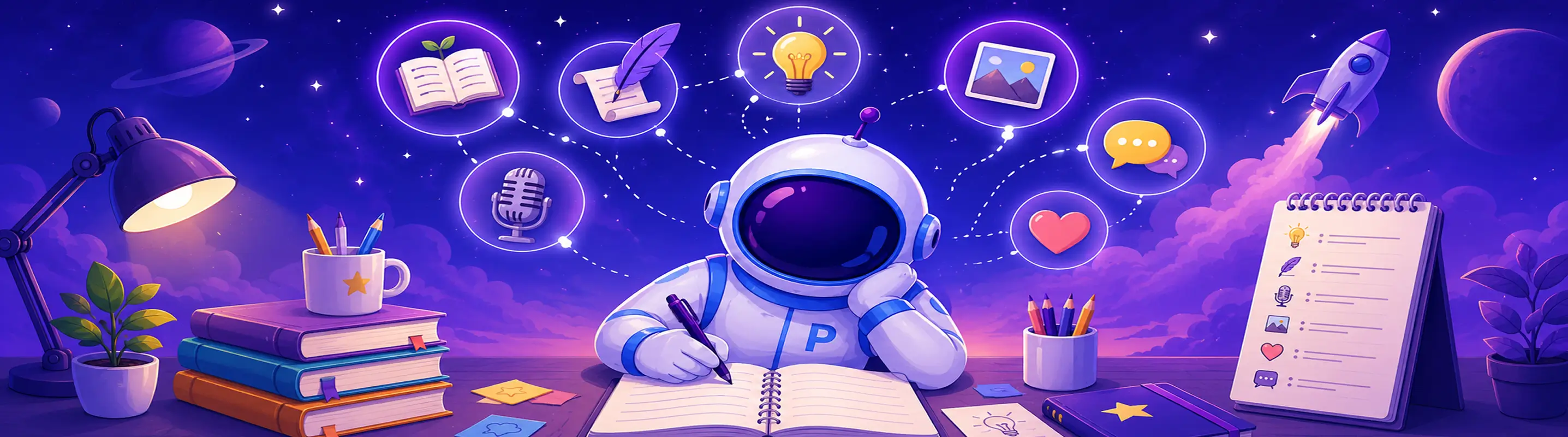 сartoon astronaut writing in a notebook, surrounded by icons for books, ideas, images, and speech — representing creative things to write about