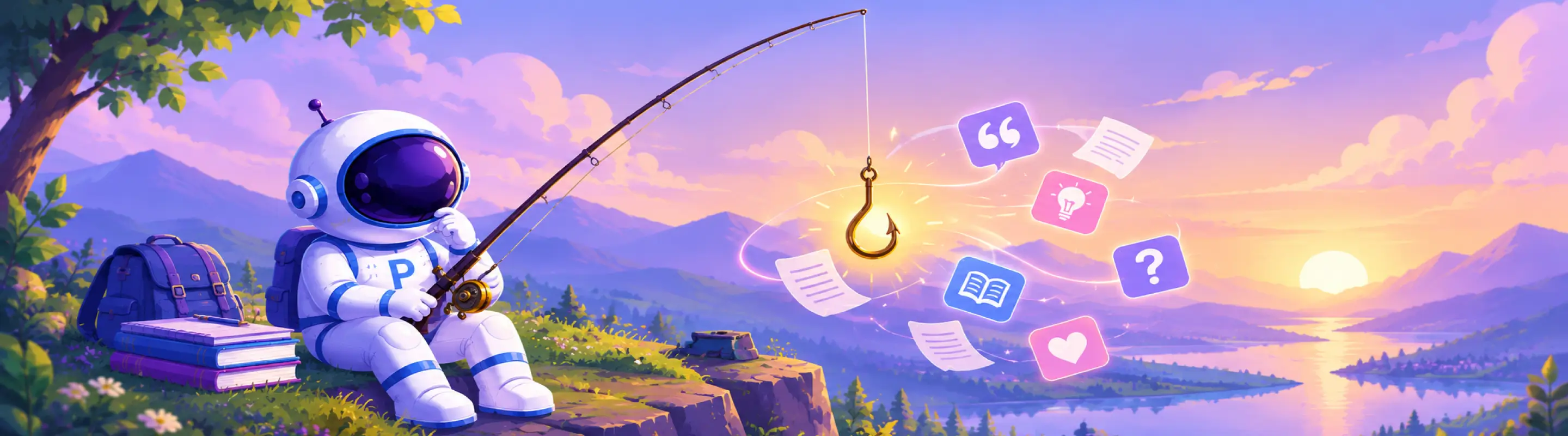 What is a hook in an essay — cartoon astronaut fishing at sunset as a glowing hook catches quote, question mark, lightbulb and book icons
