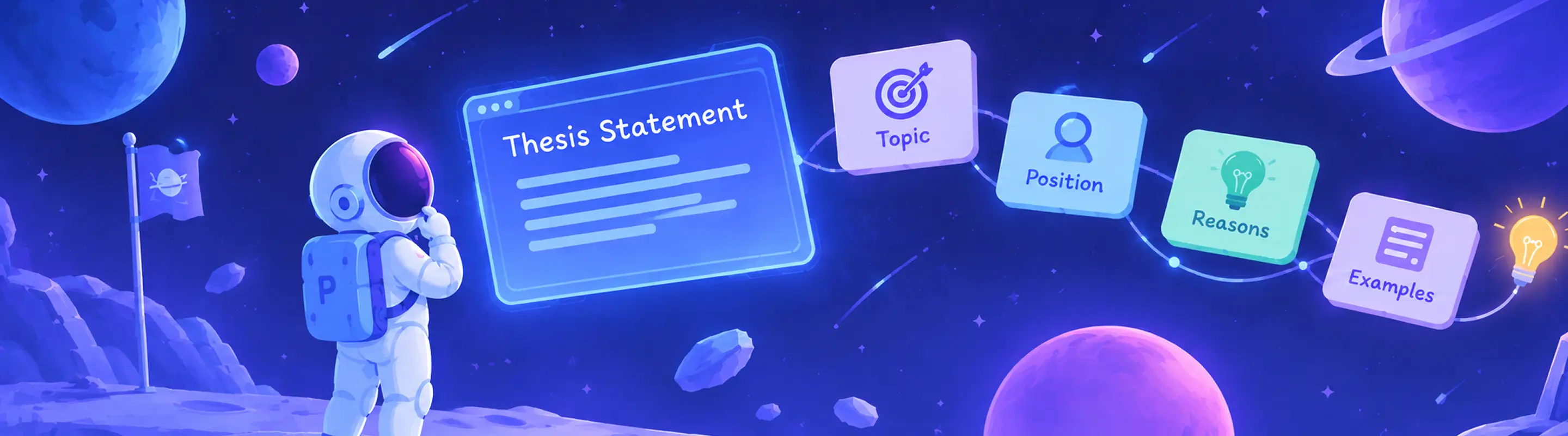 Astronaut mascot reading a glowing screen answering what is a thesis statement, linked to Topic, Position, Reasons and Examples cards